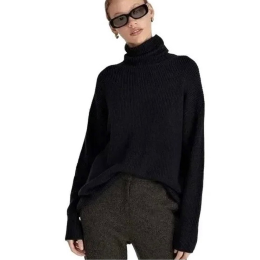J. Crew Oversized Black Ribbed Turtleneck Sweater Cashmere/Cotton